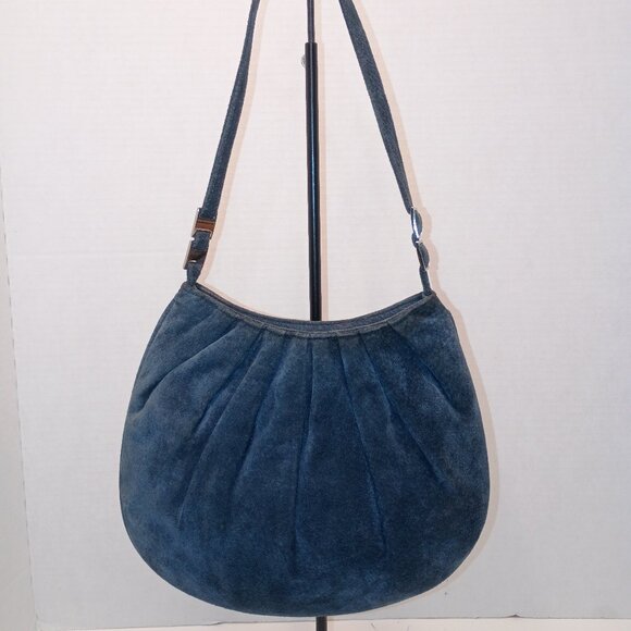 1990s WILSON'S LEATHER Maxima Small Blue Pleated Suede Mini Top-Handle Satchel - Picture 2 of 11